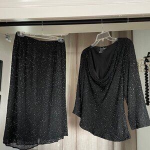 Vintage Laurence Kazar 2 piece Black Beaded Sequin Top and Midi Skirt set
